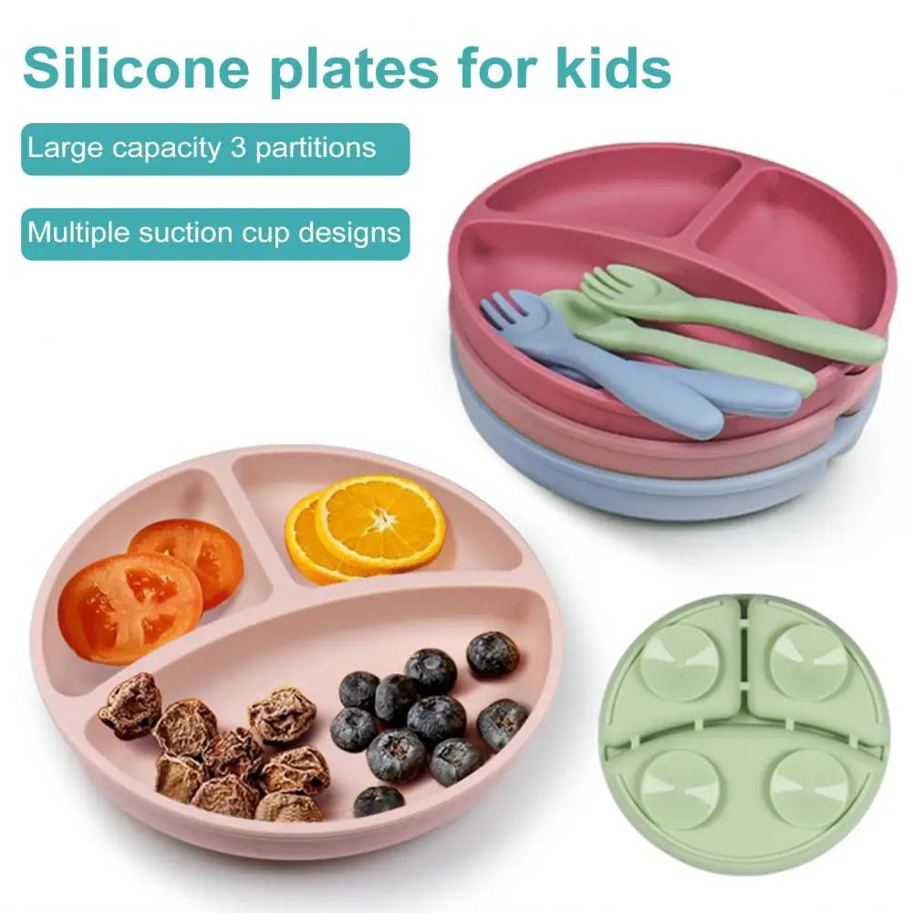 Silicone Toddler Plate Baby Split Suction Cup Plate Silicone Baby Feeding Set with Divided Suction Plate Toddler Spoon for Baby