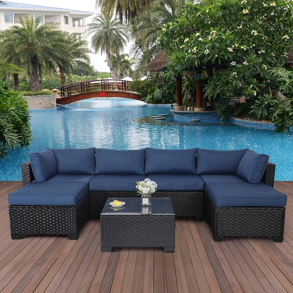 

7 Pieces Outdoor PE Wicker Furniture Set Patio Rattan Sectional conversation sofa set with Navy Blue Cushions