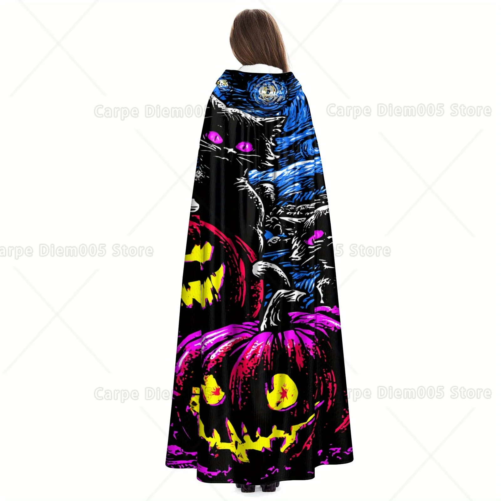 Halloween Witch's Hooded Cape for Adults Black with Vibrant Pumpkin & Jack-O'-Lantern Design, Durable Polyester Machine Washable