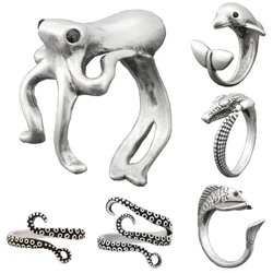 1 Piece Cute Matal Black Crystal Eye Octopus & Sea Animal Couple Rings For Women Anel Wrap Ring Men Jewelry Best Gifts For Girls
