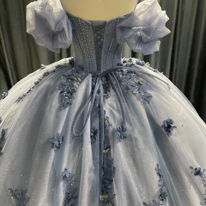 Bleu marine clair paillettes Quinceanera robes hors de l'épaule Applique fleur perles cristal tulle princesse luxe doux 16 robe