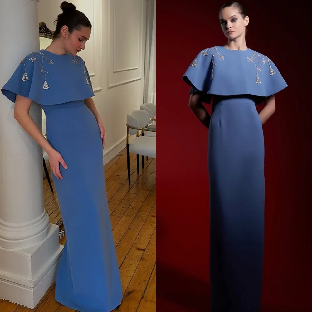 

Customized High Quality Blue Jersey Evening Dress Formal O-Neck Shawl Homecoming Dresses Fashion Special Occasion Gowns