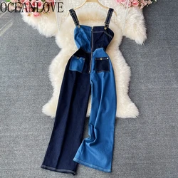 OCEANLOVE Denim Jumpsuits Women Contrast Color Spring Summer Vintage Combinaison Femme Fashion High Waist Elegant Bodysuits