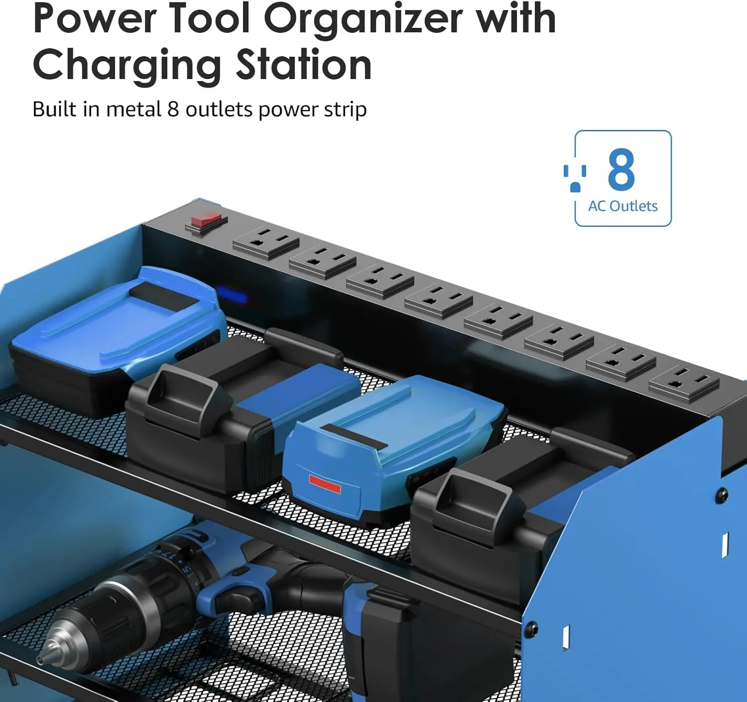 Cccei Set Power Tool Organizer Wall Mount With Charging Station. Garage 4 Drill Storage Shelf With Hooks, Heavy Duty Metal Tool