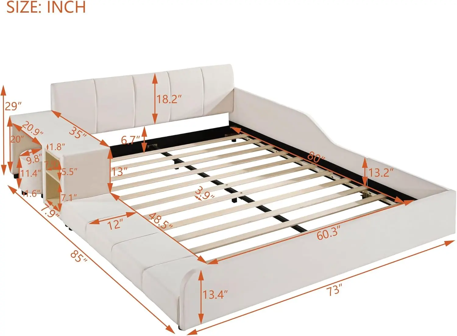 Size Low-Profile Platform Bed with Desk and Stool,Velvet Upholstered Mother & Child Bed with Headboard/Bedside Storage Shelves