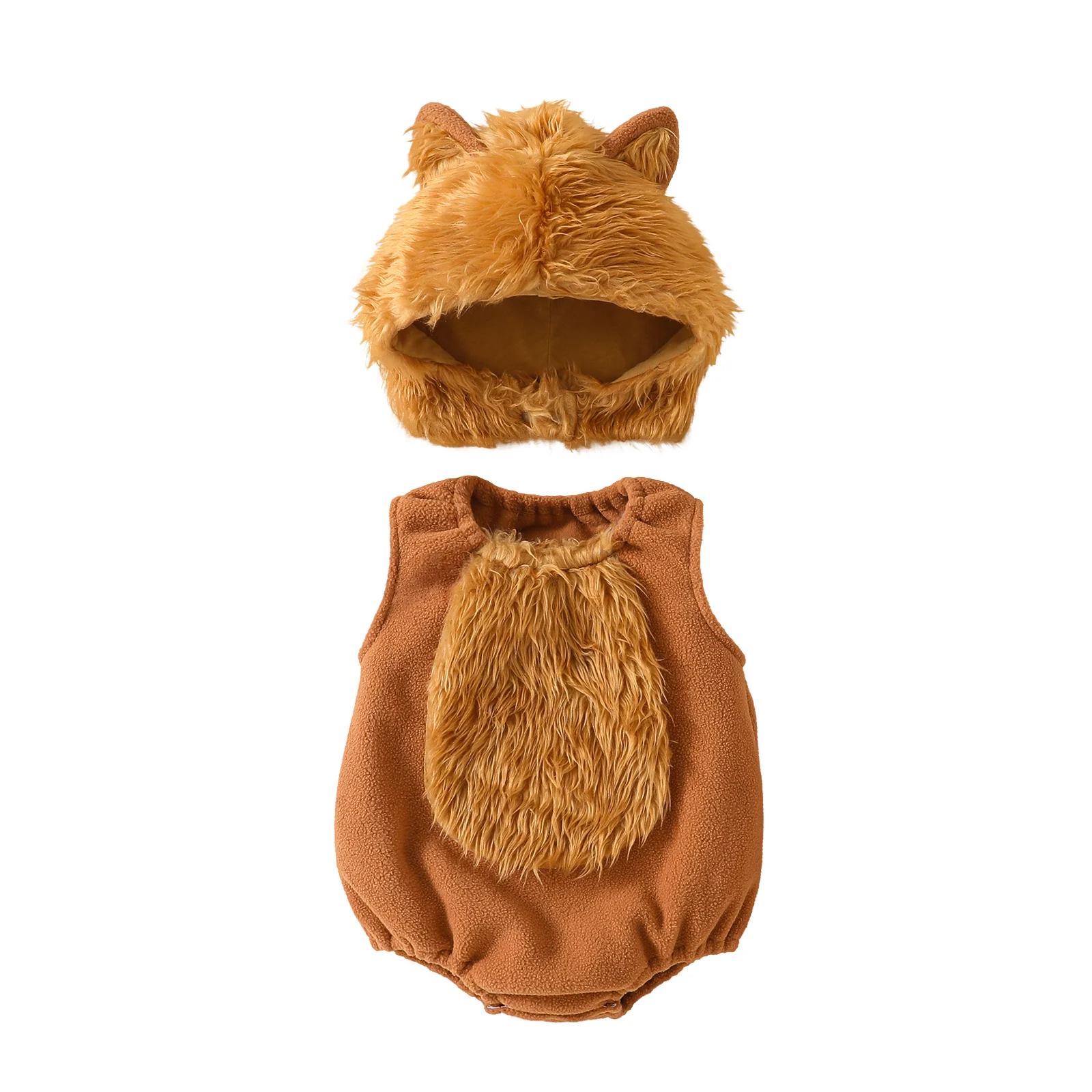 Baby Halloween Wolf Costume Plush Patchwork Sleeveless Round Neck Romper with Hat 2 Pcs Set