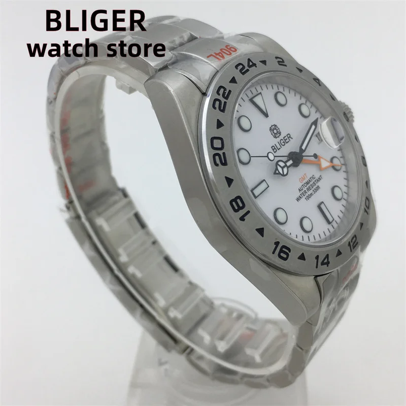 BLIGER 40mm/43mm Japan NH34 GMT Men\'s mechanical watch green luminous white dial sapphire glass stainless steel strap