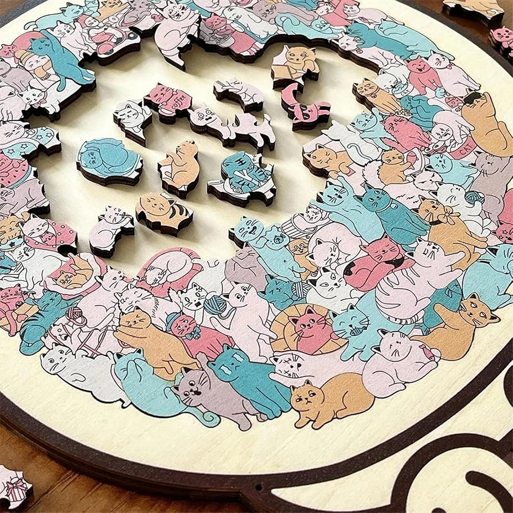 3D Wodden Cat Head-shaped Jigsaw Puzzle Ornament Unique Irregular Puzzle Pieces Game Cat-shaped Wooden Jigsaw Puzzle