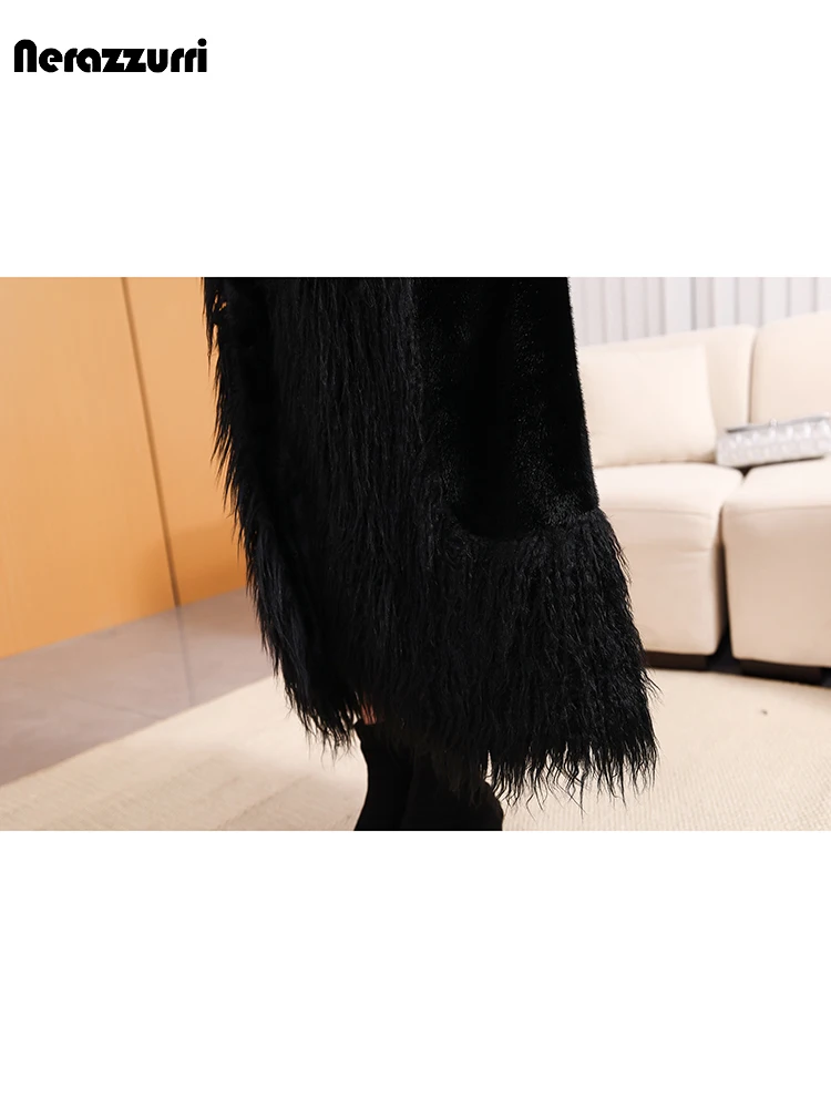 Nerazzurri Winter Extra Long Luxury Elegant Warm Soft Black Faux Fur Coat Women with Fake Fox Fur Trim Luxury Designer Clothes