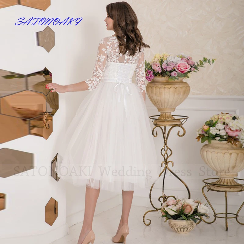 Vestidos De Novia Elegant Simple งานแต่งงานสั้นชุด O-Neck Appliques ชาความยาวชุดเจ้าสาว Robe Mariée Custom Made