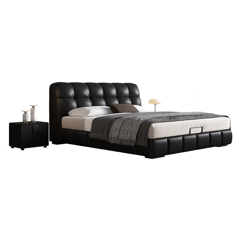

Leather bed, Italian, soft, black, puffs, master bedroom, double, modern, high-end