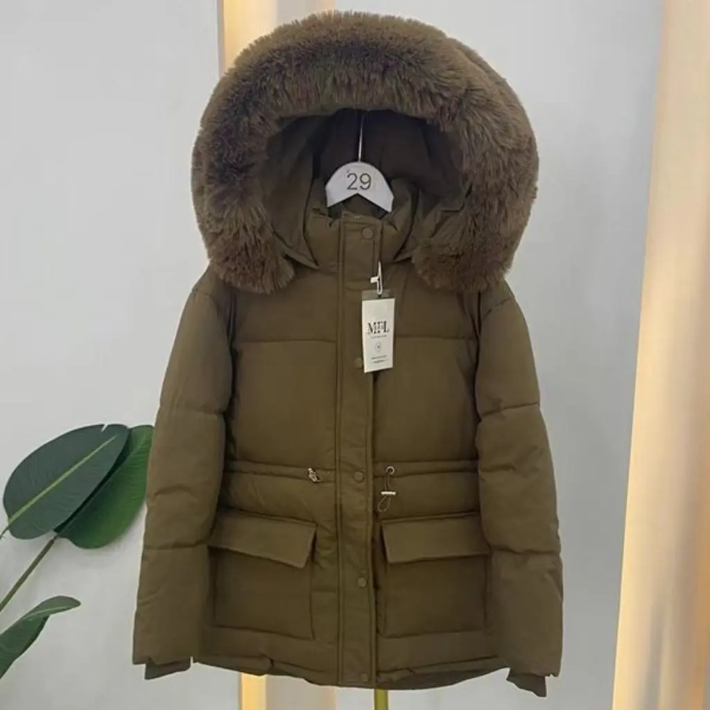 

Women's down Cotton-padded Jacket Short Korean-style Slim Fit with Hood Drawstring Thickened Large Fur Collar Coat