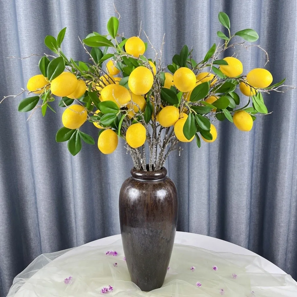 Rama de Limón Artificial con Hojas Verdes, Limón Falso de Lujo, Fruta de Limón Artificial Realista, Elegante Simulación de Árbol de Frutas