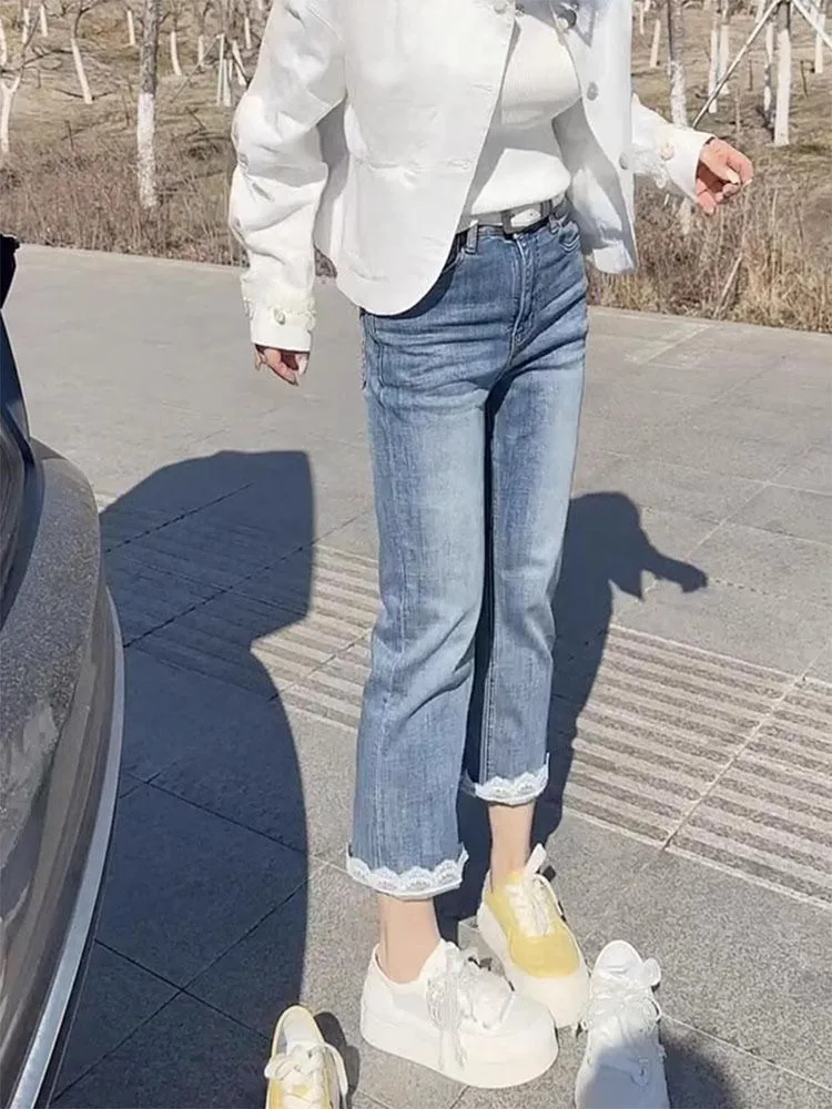 Damskie wyszczuplające dżinsy z wysokim stanem, elastyczne, szerokie nogawki, cienkie dżinsy jesienne, spodnie rozszerzane, luźny krój, proste nogawki typu tuba, kucyk