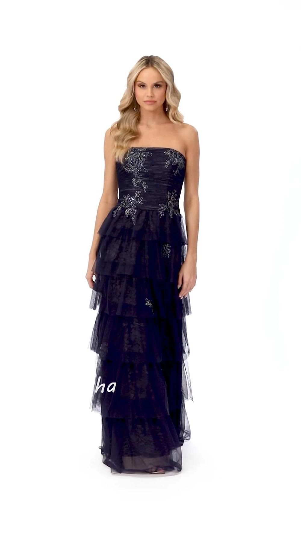 Strapless Tulle Draped Tiered Applique Gown, Formal Evening A-Line Vestidos Longos, Ocasião sob medida