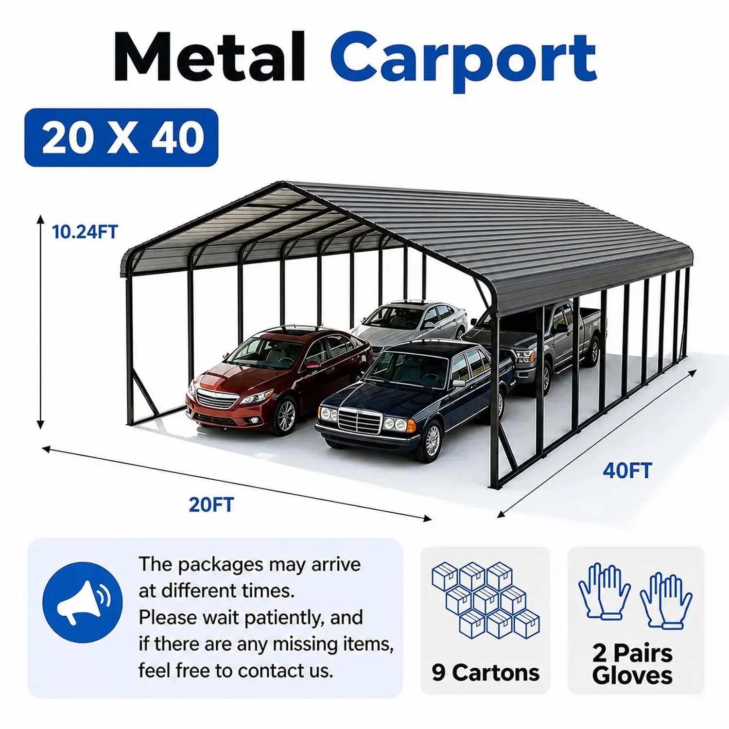 Large Heavy Duty Metal Carport 20x40 FT Outdoor Vehicle Shelter, Customized