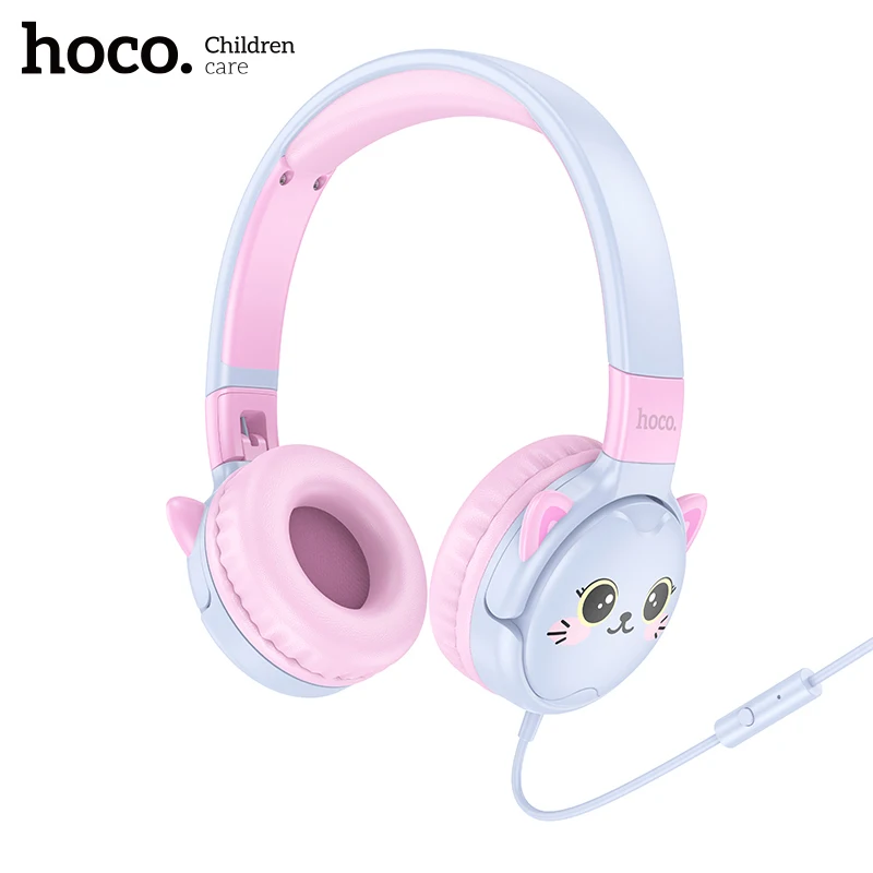 HOCO Candy Color Wired Headphones For Children Cute Cat Pattern Foldable Music Heaphone with Microphone For Kids Gifts Present