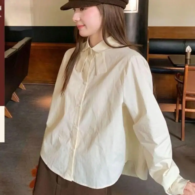 

French Style Long Sleeve Shirt Cotton Blend for Women Versatile Loose Fit Slimming Spring Summer New Solid Color T-Shirt Top