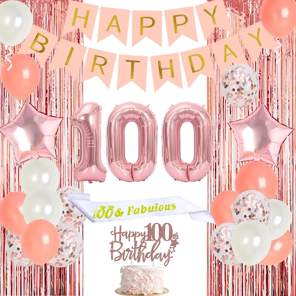 

Rose Gold 100th Birthday Party Decorations for Women 100 Years Old Supplies Number 100 Foil Balloon Fringe Curtain Cake Topper