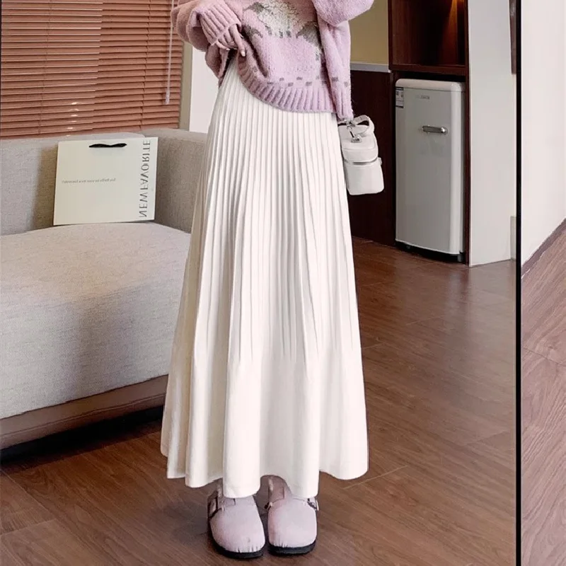 الخريف الشتاء محبوك مطوي ميدي تنورة للنساء كبيرة تنحنح أسفل مطوي ألف خط التنانير الطويلة تريكو