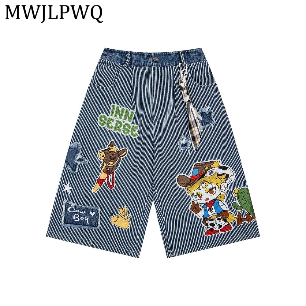 

MWJLPWQ Vertical Striped Denim Shorts For Boys Hip-Hop Trendy Heavy-Duty Patch Embroidery Loose Straight Cropped Pants 16479