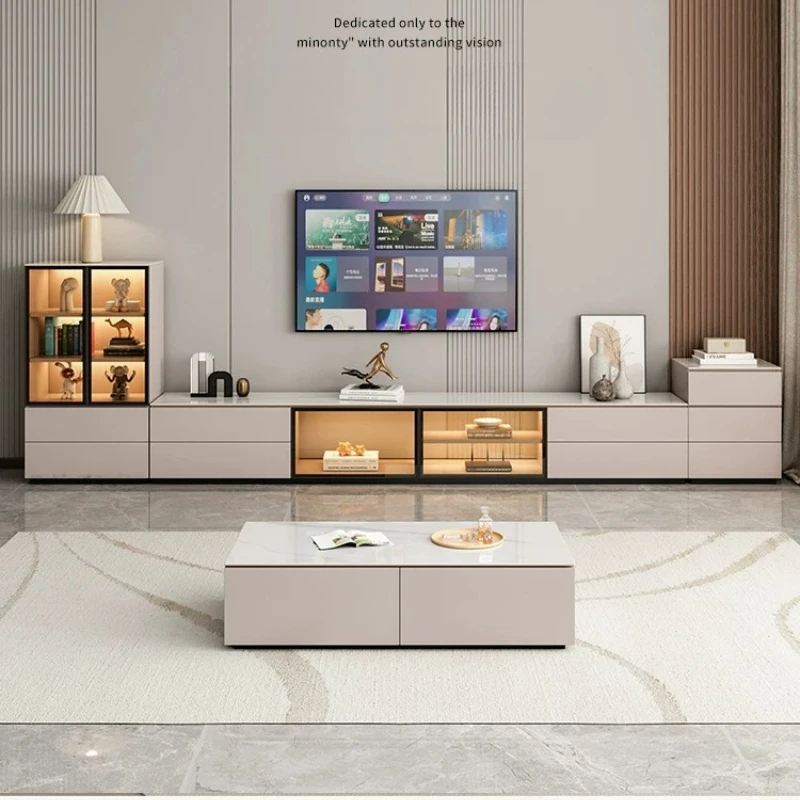 F*-TV Cabinet With Fluted Glass Doors And Built-in LED Light, Low Long TV Stand Four Drawer Storage Media Console,
