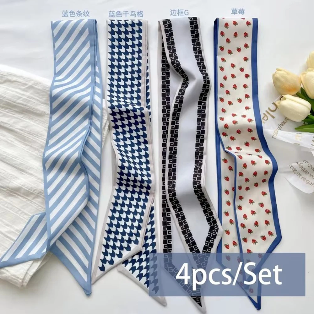

4pcs/set Series Silk Satin Scarf Women Cloth Hair Bands Headdress Accessories Lady Scarves Ribbon Neck Ties for Bag Handle