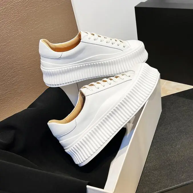 New Women's Sneakers Thick-soled Women  Lace-Up Casual White Shoes Genuine Leather Casual Shoes female Shoes