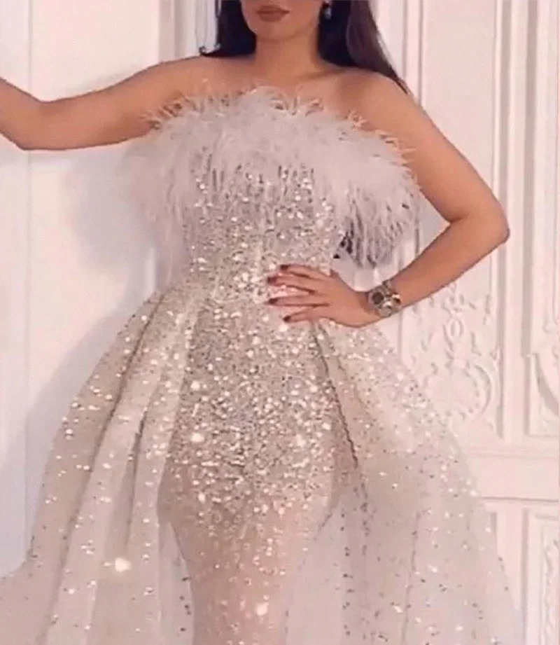 New woman evening dress sexy sequined strapless floor-length dinner party gown