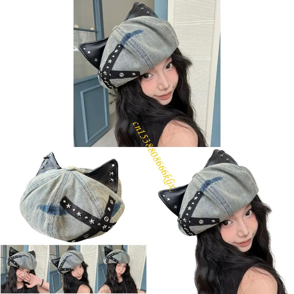 

Studded Cats Ear Cotton Adjustable Hat Costumes Vintage Unisex Headwear For Cosplay Daily Outfit 066C