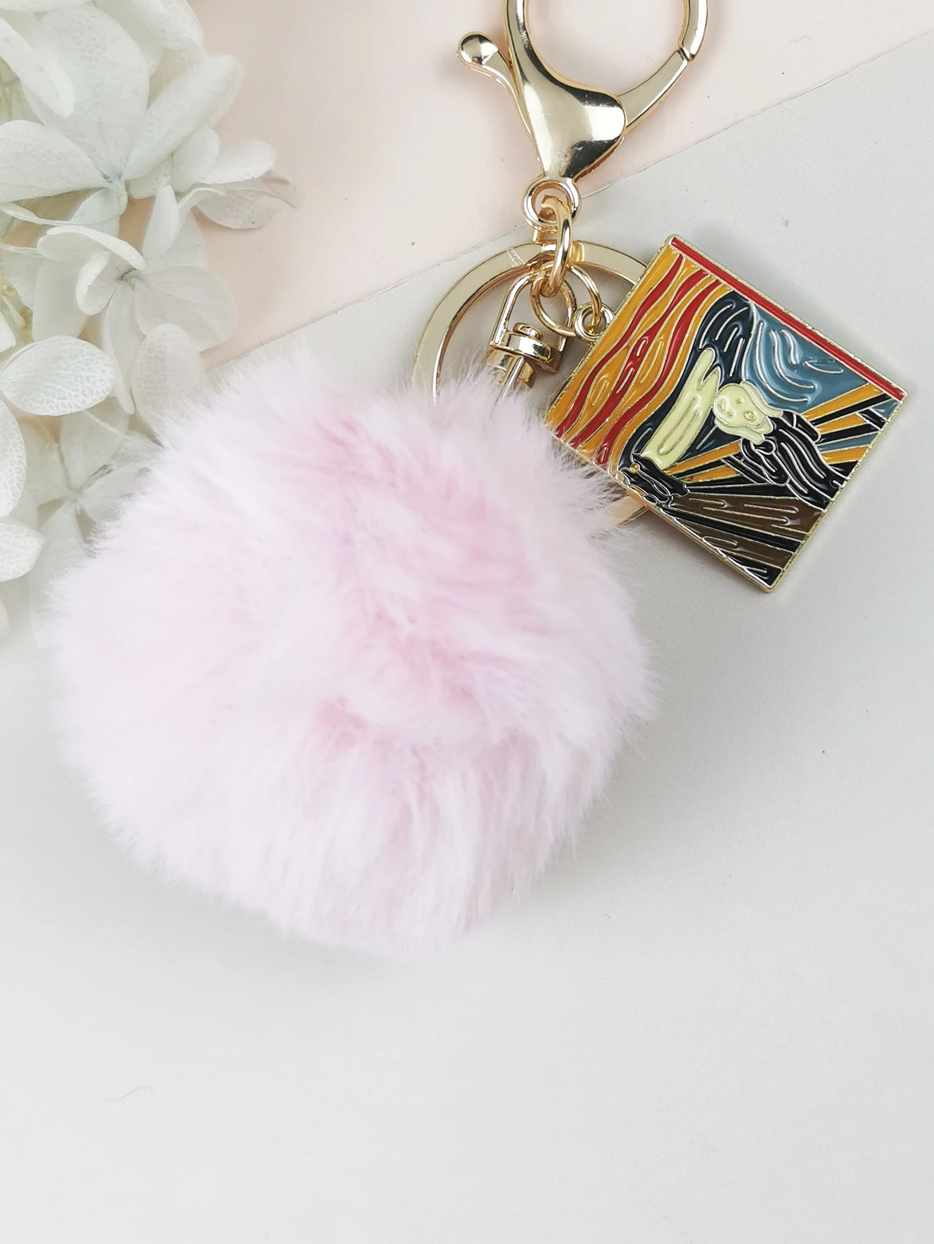 1pcs 4.5cm Pink Pompom Van Gogh Mural Keychain Car Mirror Accessory Women Handbag   Fashion Women Jewelry Gift