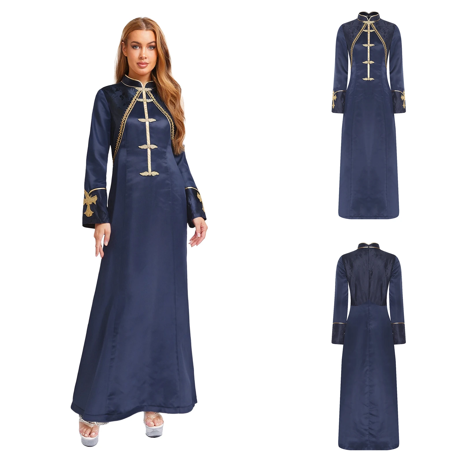 

Women Satiny Long Robe Dress for Priest Clergy Performance Cross Embroidery Cassock Performance Dress Halloween Church Uniform