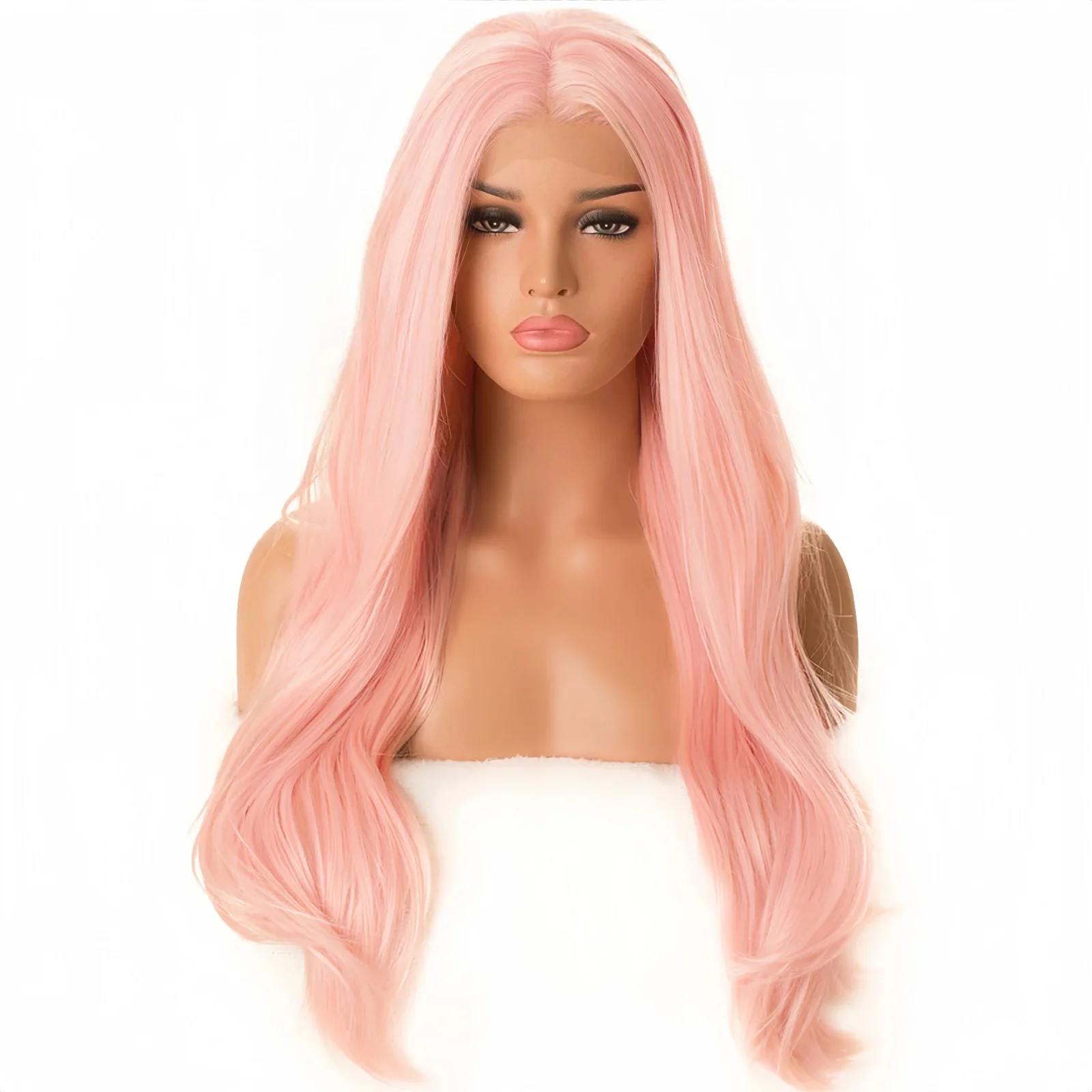 ยาววิกผมหยักสีชมพูสําหรับผู้หญิงสังเคราะห์กลาง Layered Natural Wave Curly สีชมพูอ่อนความร้อนทนวิกผมสําหรับงานปาร์ตี้