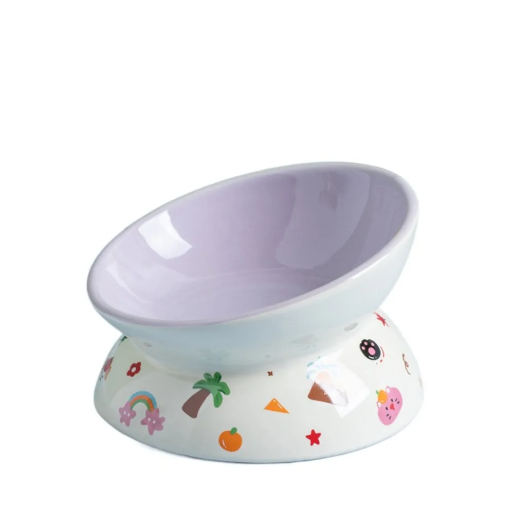 

Ceramic Cat Bowl Flat/Slanted Mouth Anti Tipping Pet High Foot Bowl Large Capacity Non-slip Pet Drinking Feeder Water Container