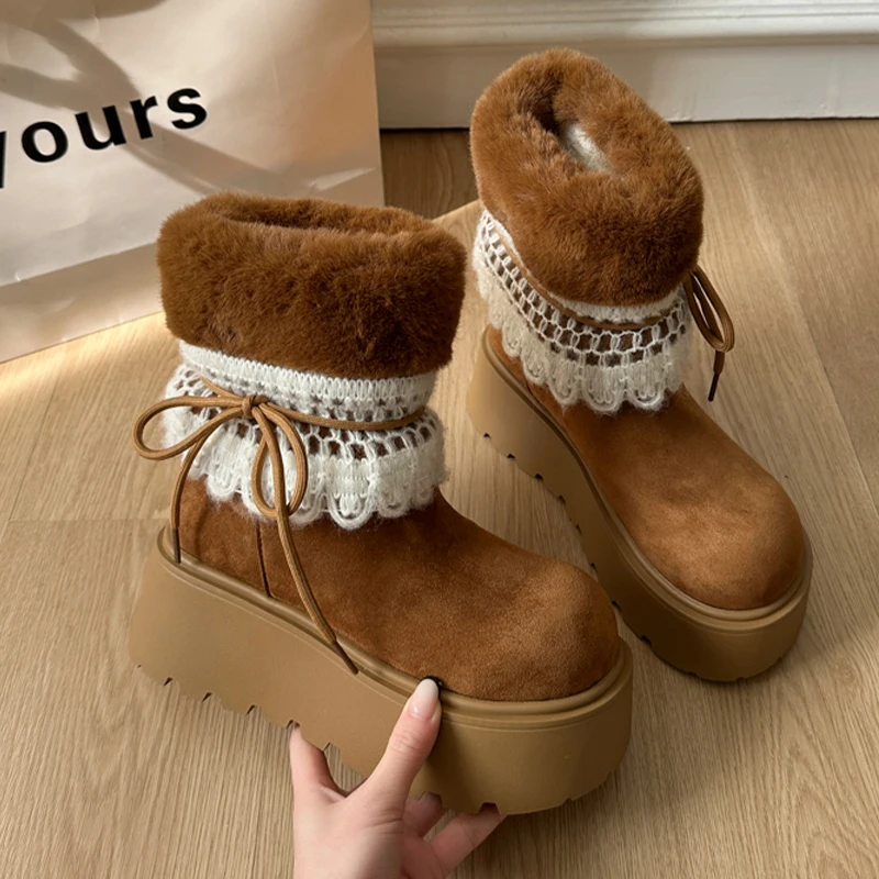 

Fur Ankle Women's Boots Flats Platform Warm Shoes for Woman Fashion Dress Winter Boots 2025 Suede Short Plush Snow Botas Mujer