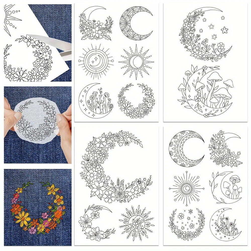 1 Set 4 Blatt 17 Stück gemusterte Blumen Mond Stick und Stitch wasserlöslicher Stabilisator für Stickerei