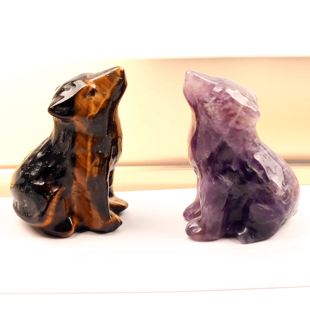 1.5 Inch Hand Carved Tiger Eye Wolf Statue - Handcrafted Jade Crystal Collectible Wild Animal Figurine Ideal for Home Decor