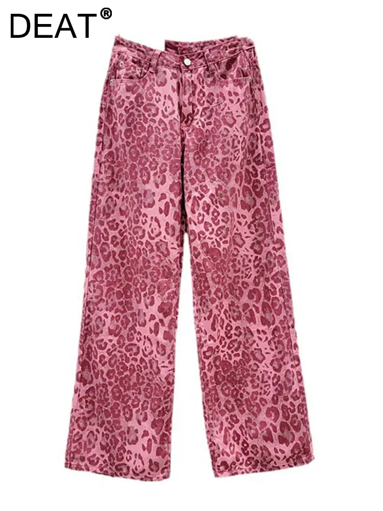 DEAT Women\'s Denim Pants High Waist Straight Full Length Pink Leopard Printed Loose Jeans 2024 Autumn New Fashion 11XX9127