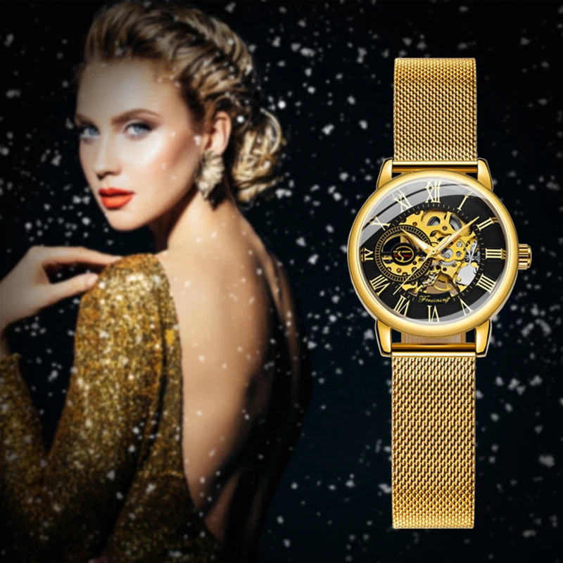 Forsining Luxury Elegant Ladies Watches Top Brand Luxury Gold Skeleton Mechanical Watch for Women Mesh Stainless Steel Strap New