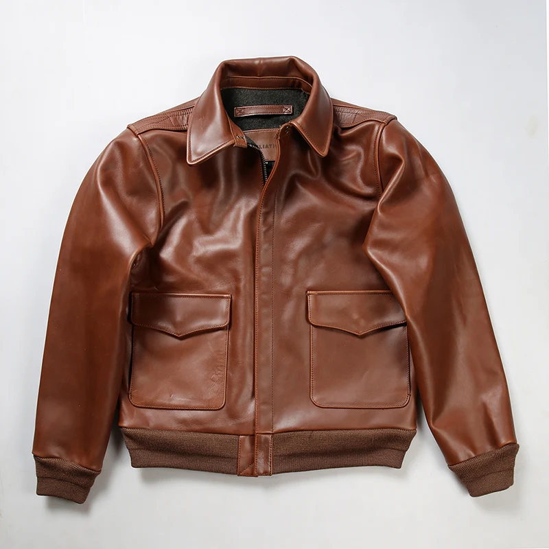 

Spring Autumn Men's Classic A2 Pilot Clothing Genuine Leather Jacket Lapel Tough Natural Thickened Cowhide Leather Coat Tops