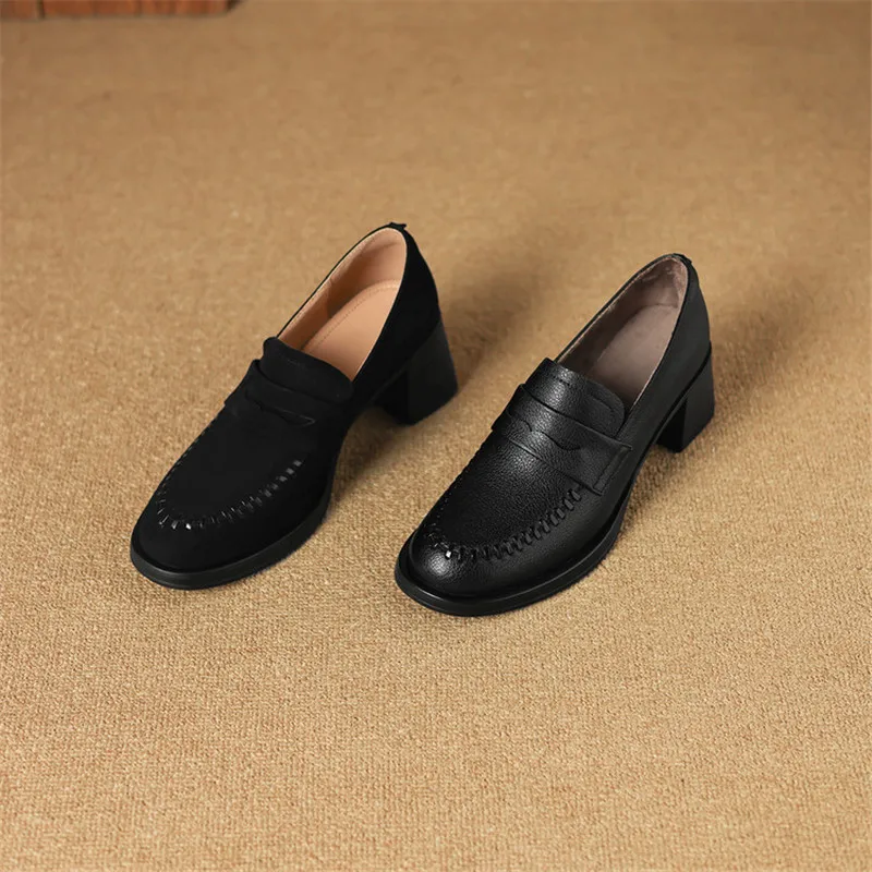 

New Autumn Winter Sheep Suede Women Shoes Fashion Round Toe Shoes for Women High Heel Women Pumps Black Cowhide Loafers Handmade