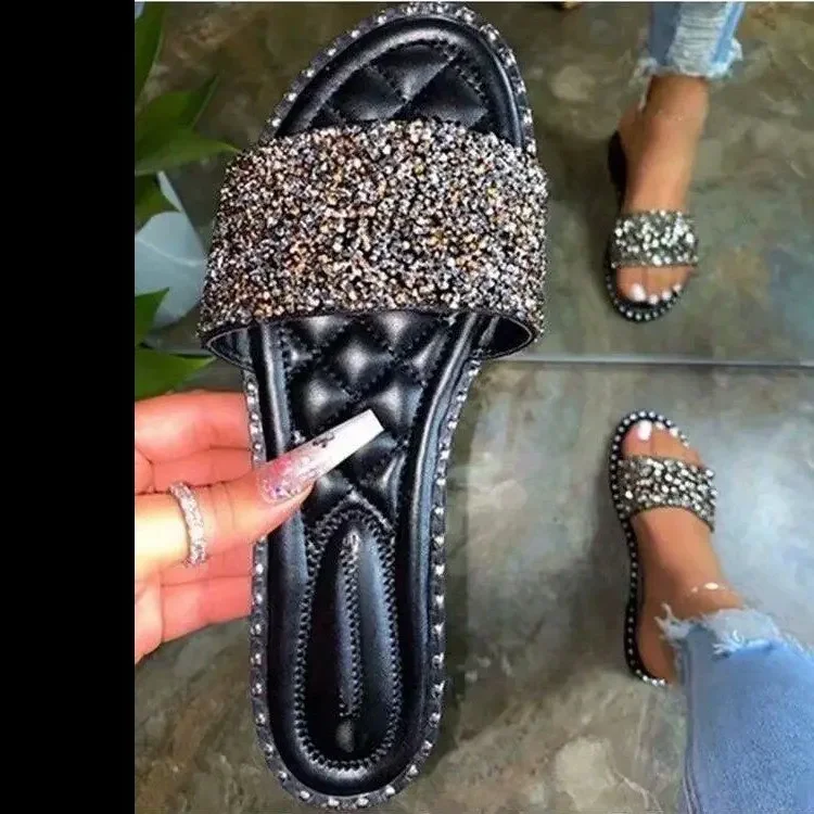 Zapatillas de cristal para mujer, zapatos planos ostentosos a la moda para mujer, zapatos de playa para exteriores, calzado femenino, chanclas de verano de talla grande