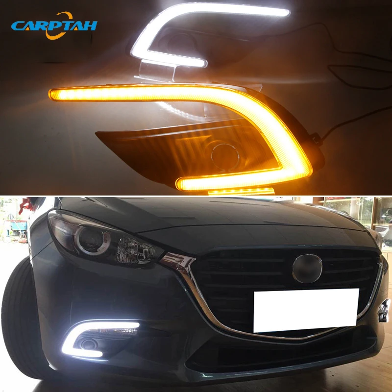 Car LED DRL 12V Daylights For Mazda 3 Mazda3 2017 2018 Yellow Turn Signal Daytime Running Headlamps Auto Driving Lamp Foglamps