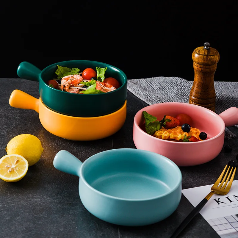 Nordic Ceramic Instant Noodle Bowl with Handle Macaron Fruit Bowl Soup Bowls Home Simple Ceramic Rice Baking and Roasting Bowls