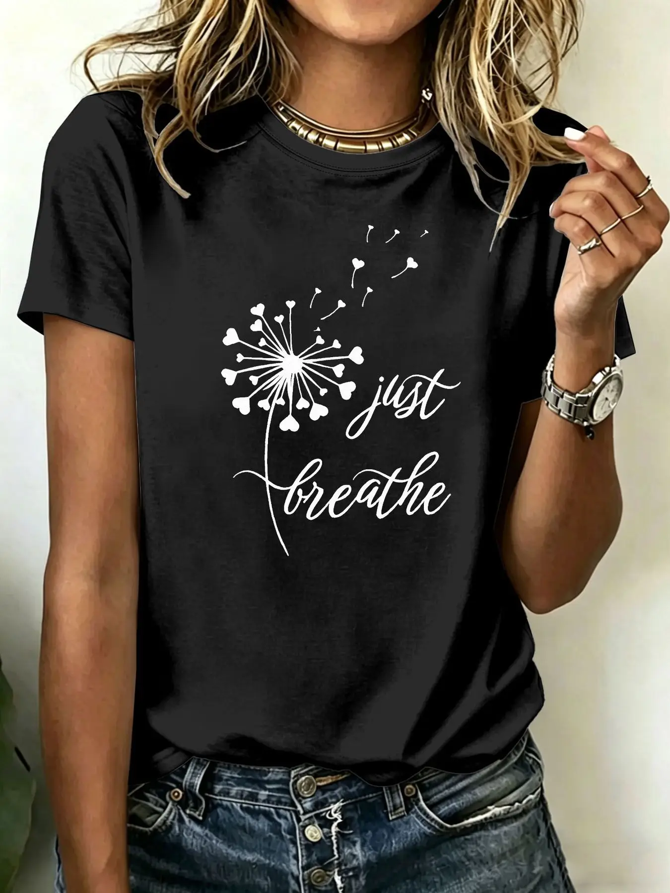 180-gram pure cotton Plus-size women's T-shirt with dandelion seed head and 