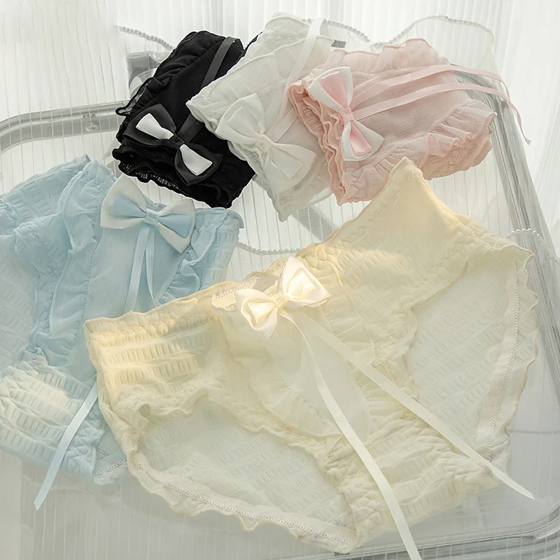 

Purely Desired Bubble Breathable Mesh Girl Underwear Comfortable Mid Waist Bow Sweet Princess Style Cute Triangle Top