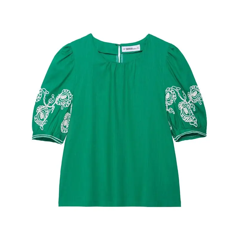 

Summer New Women's Faion Embroidered Mixed Linen Top High Waist Pants Versatile Clothing round Ne ort Sve Two Piece Set