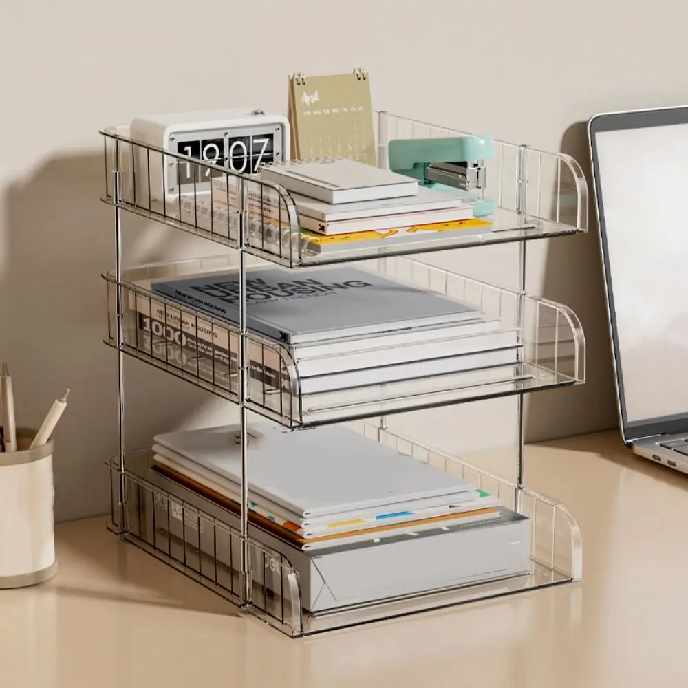 2/3 Tier Clear Desktop Organizer Durable Space Saving File Paper Holder Sturdy Plastic Book Storage Rack Desk Accessories