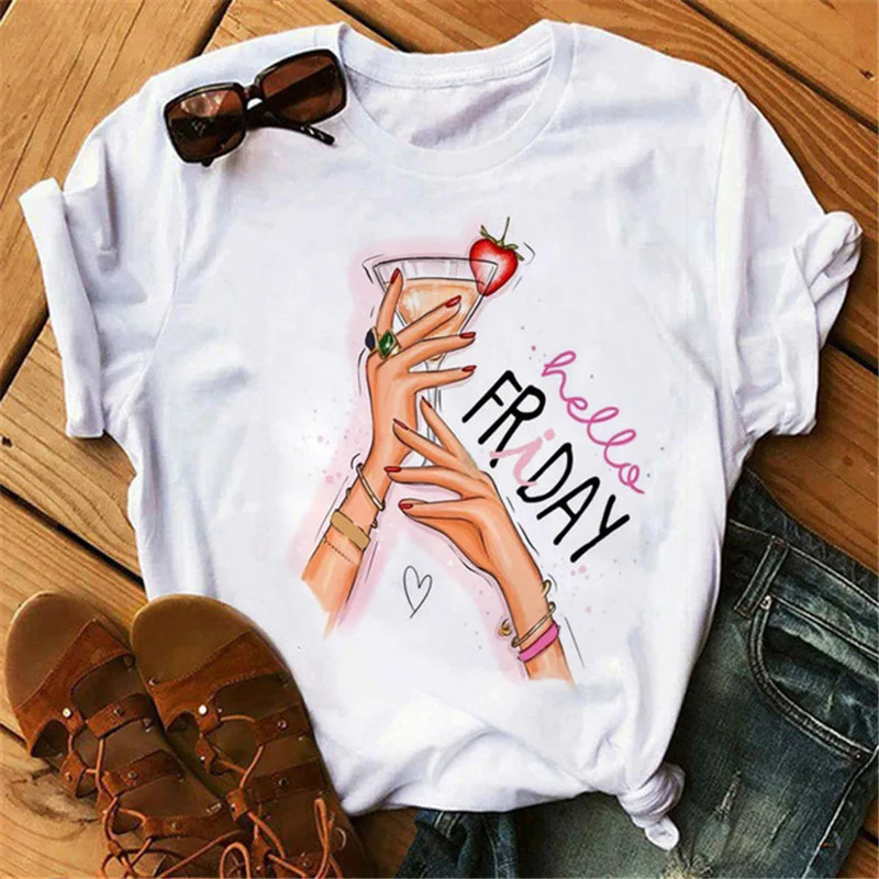 Women's Harajuku Style Short Sleeve T-shirt Fashion High Heels Wine Glass Printed round Neck Top Women's Casual Clothing