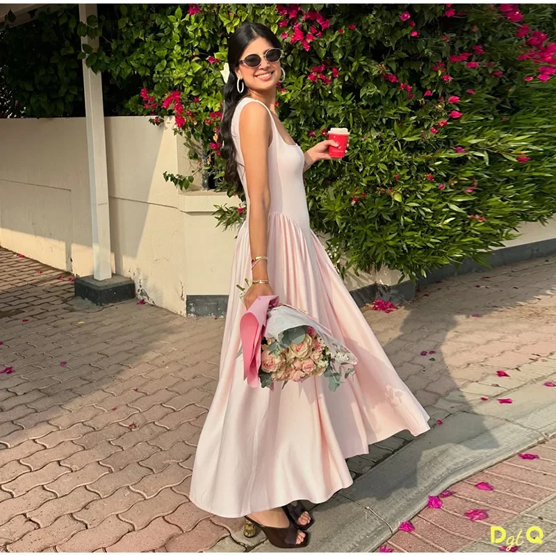 Różowa elegancka sukienka z kwadratowym dekoltem i długim paskiem dla kobiet Elegancka sukienka bez rękawów z wysokim stanem Lady Holiday Dailywear
